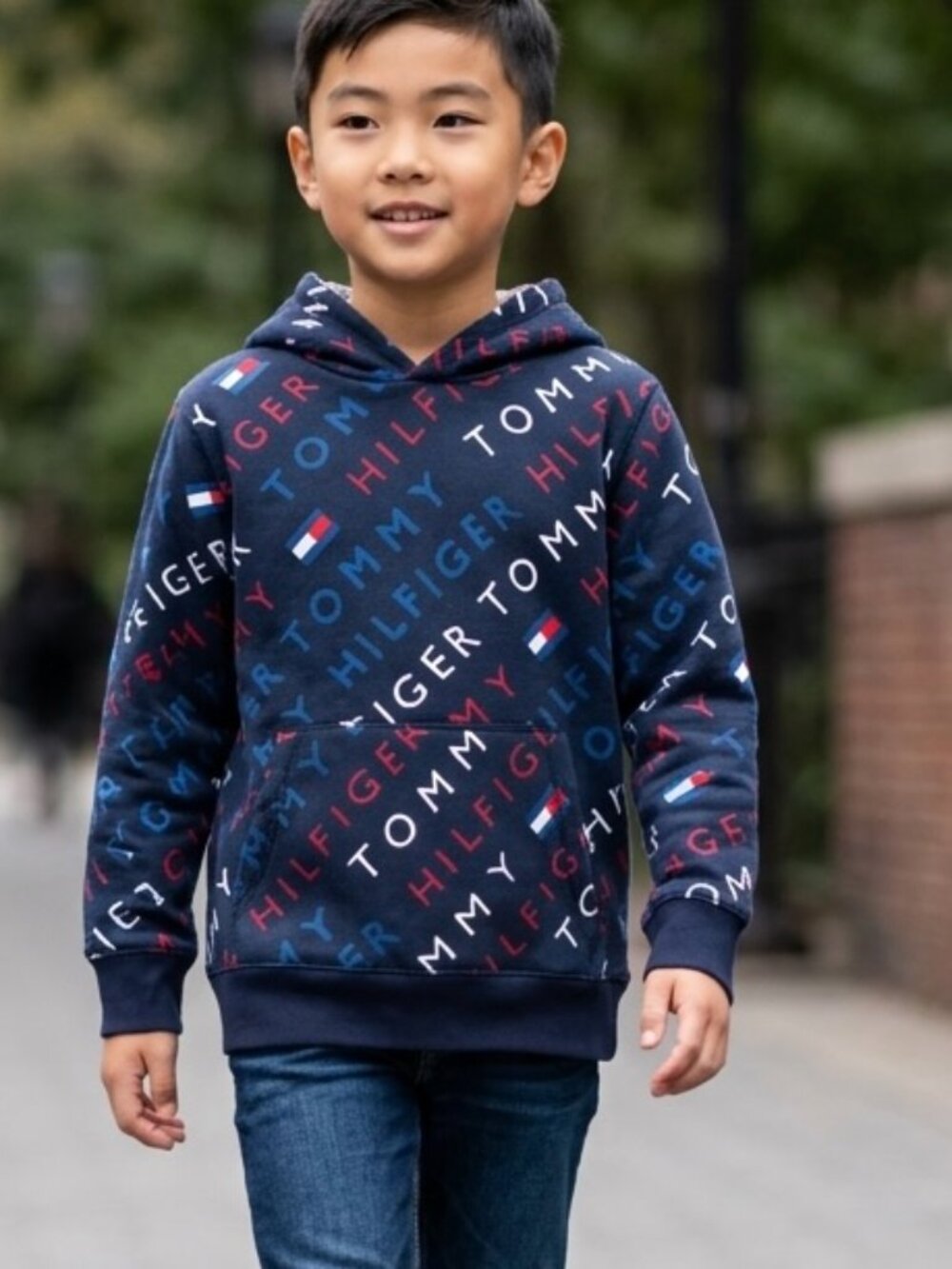 Tommy Hilfiger All Over Print Hoodie‎ Boys Sz Medium 10/12 Blue Sweatshirt